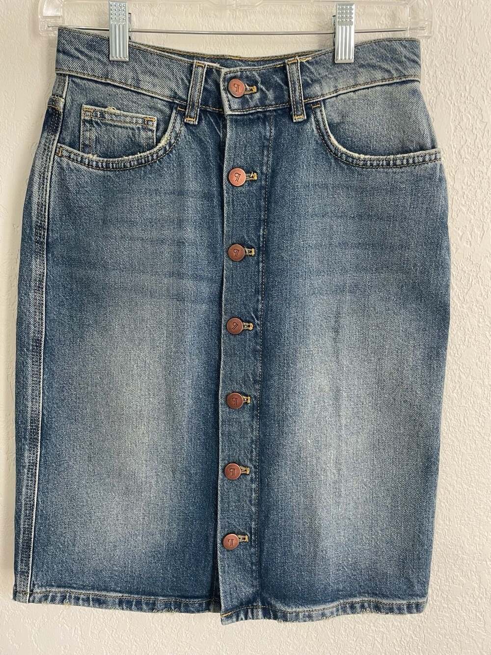 Pilcro and The Letterpress Button-Front Distressed Denim Midi Skirt Size 2